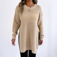 Crew-neck Pullover Slit Design Machine-knit Casual Sweater