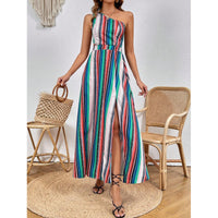 Womens Striped Printed One-Shoulder Slit Thigh-Length Dress