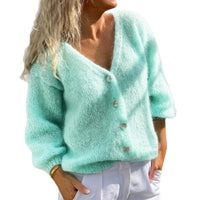 Women's Deep V-neck Solid Color Buttons Cardigan Knitted Sweater Coat
