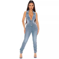 Sleeveless Washed Denim Jumpsuit For Women