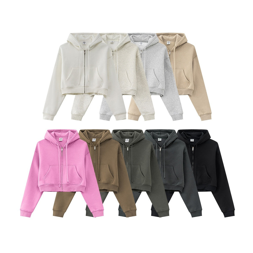 Retro Solid Color Hooded Sweater Zipper Jacket Loose Short