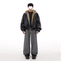 Mens Winter Fleece-Lined Thickened Reversible Leather-and-Fur Jacket