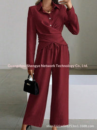 Women's Elegant Shirt Top And Wide-Leg Pants Two-Piece Set