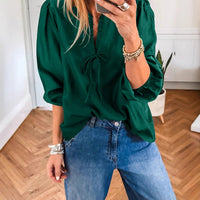 Women's Solid-color V-neck Long-sleeve Chiffon Blouse With Bow Tie Straps