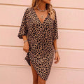Sexy V-neck Irregular Batwing Sleeve Leopard Print Dress