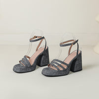 Denim-strapped Sandals With A Round Toe And Chunky Heel For Women