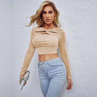 Sexy Hollow-out Slim-fit Short Glossy Long-sleeved Women's Top