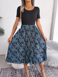 Women   Casual Leaf Print High Waist Pleated Midi Dress