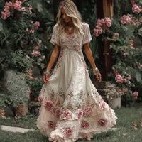 Womens 3D-printed Plant And Floral Retro Elegant V-neck Maxi Dress