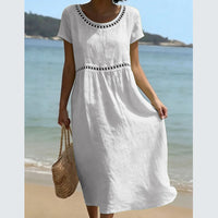 Elegant Casual Crew-Neck Three-Quarter-Sleeve Solid-Color Dress