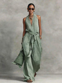 Casual Lace-up Sleeveless Cotton-blend Jumpsuit