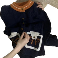 Contrast Color And Versatile Bow Pocket Sweater