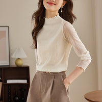 Textured Lace Base Layer Top Fashionable Fringed Mock Turtleneck Trendy Long-sleeve T-shirt For Layering