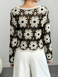 Womens Crochet Hollow-Out Knitted Pullover Top With Long Sleeves