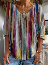 Womens Loose-fitting Geometric-print V-neck Long-sleeve Top