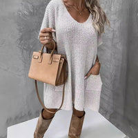 Loose Large Size Pocket Solid Color V-neck Long Sleeve