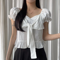Bow-tied Ruffled Frill Puffed-sleeve Shirt