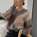 Retro Hit Color Diamond Lattice V-neck Sweater Women's Korean Style Idle Style