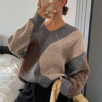 Retro Hit Color Diamond Lattice V-neck Sweater Women's Korean Style Idle Style