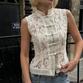 Fashionable Lace Crochet Stand Collar Slim-fit Sleeveless Shirt