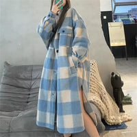 Retro Blue Plaid Contrast Color Single-breasted Loose Overcoat Coat