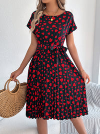 Women's Casual Color Block Heart Print Short Sleeve Tie Waist Pleated Dress