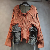 Personality Trendy Twist Weave Stitching Denim Round Neck Sweater