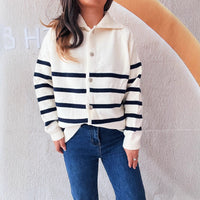 Fashion Loose Button Casual Contrast Color Striped Knitted Sweater