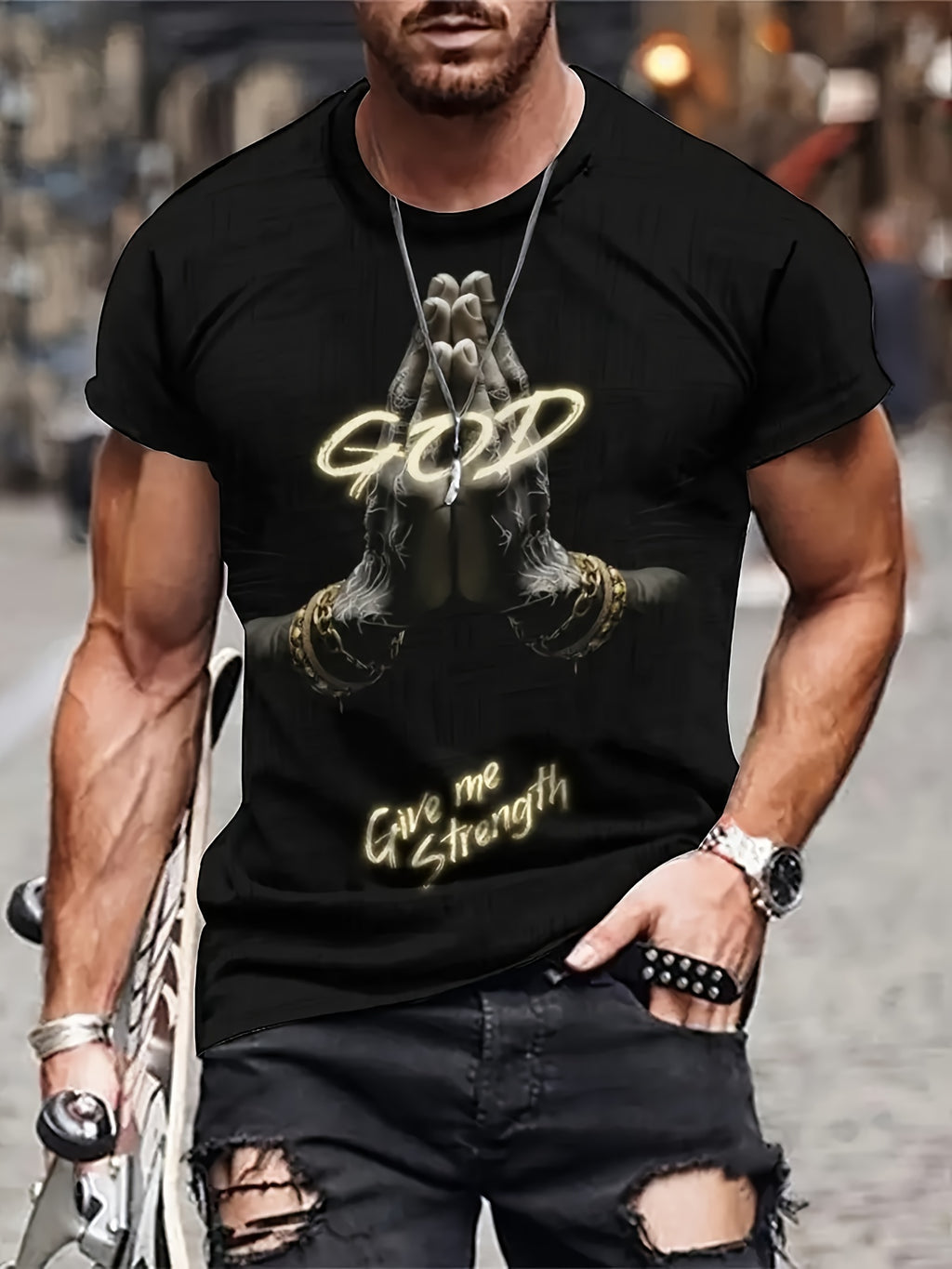 God Gives Me Strength To 3D Print Men's Comfortable Plus Size T-shirt, Short Sleeved Casual Round Neck Top, Men's Summer Outdoor Wear