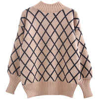 Korean Style Trendy Diamond Grid Pullover Knitted Sweater