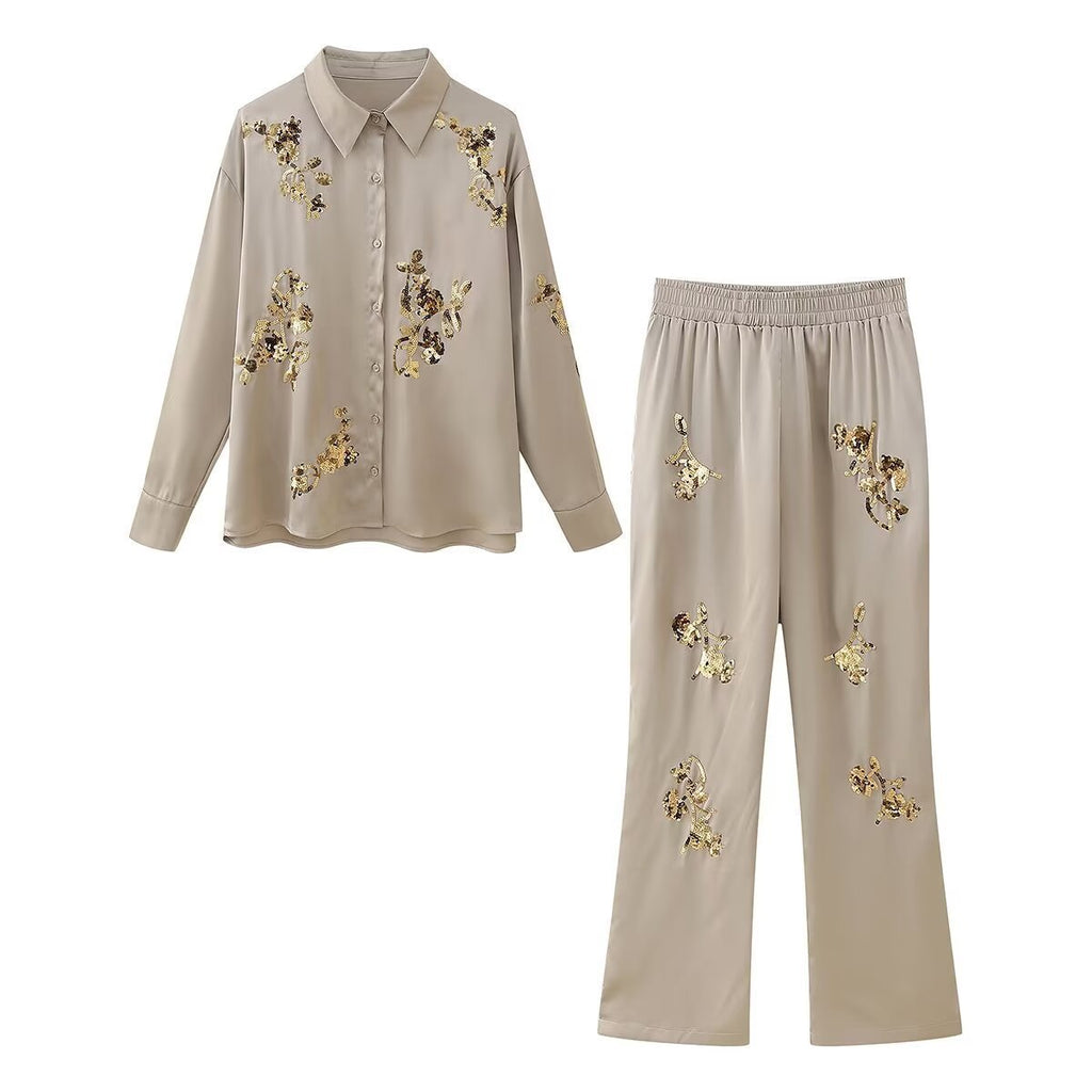 Women's Embroidered Beads Long Sleeve Trousers Suit