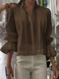 Pleated Solid Color Stitching Short Sleeve Shirt