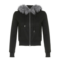 Black Zipper Divided Print Fleece Hooded Sweatshirt