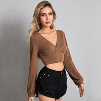 Women's V-neck Slim-fit Top Cable Fabric Long-sleeve T-shirt