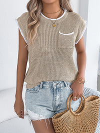 Color-block Pocket Bat-sleeve Casual Loose Knit Top