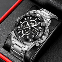 Mens Electronic Sports Chronograph Watch With A Steel Strap