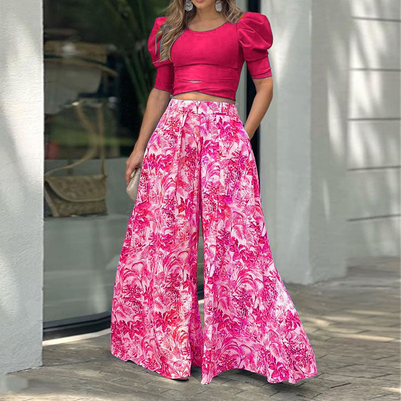 Puff Sleeve Cross Hem Short Top Printed Wide Leg Pants Suit