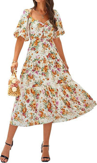 Floral Pleated Puff Sleeve Dress