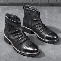 Retro Round Toe PU Leather Side Zipper Martin Chunky Heel Ankle Boots