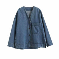 All-match V-neck Drop-shoulder Shirt Blue