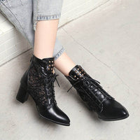 Lace Hollow-out Spliced Chunky Heel Lace-up Women's Ankle Boots