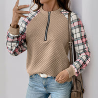 Retro Style Cardigan Zipper Plaid Stitching Diamond Patterns Fabric Sweater