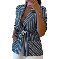 Womens Striped Printed Coat With Long Sleeves Defined Waist And Tie-Back Design
