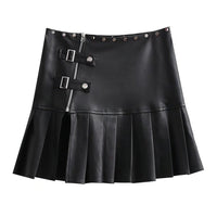 Zipper Split High Waist Mini Pleated Leather Skirt