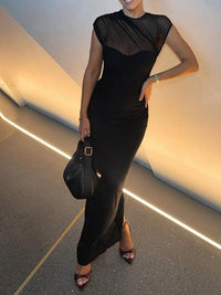 Black Mesh Overlay Bustier Bodycon Maxi Dress