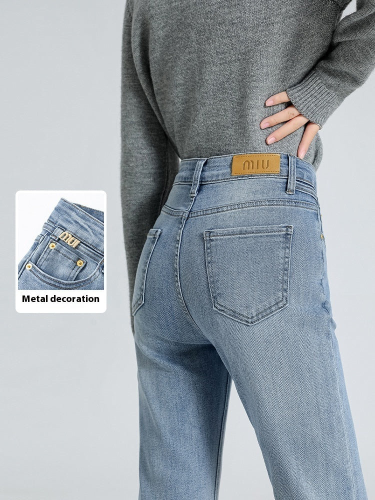 Light Blue Straight Jeans Women's Metal Decoration Hot Girl