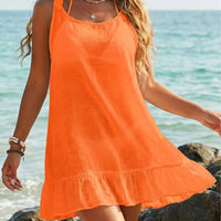 Womens Solid-Colored Ruffle-Trimmed Patchwork Lace-Up Dress