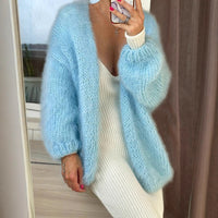 Blue Lantern Sleeve Knitted Cardigan For Women Autumn And Winter