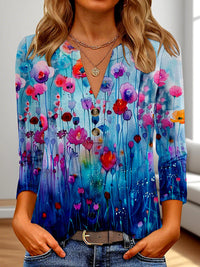Women's 3D Printed Fashion Casual V-neck Long-sleeved T-shirt Top