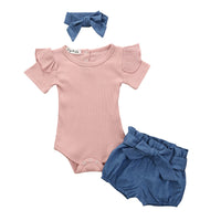 Girl Baby Set Short Sleeved Jumpsuit Crawling Suit Floral Shorts Headwear